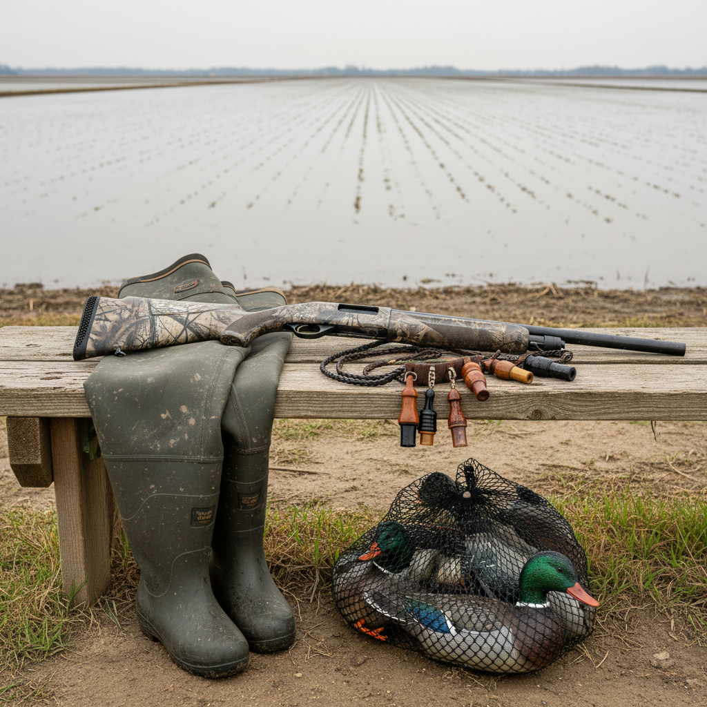 A meticulously arranged still-life of high-end duck hunting gear laid out on a weathered wooden bench outside a rice field blind. A pair of mud-streaked, chest-high waders, a camouflaged shotgun resting safely with the action open, a lanyard of detailed duck calls, and a mesh bag filled with realistic decoys are all arranged with care. The bench sits on a levee overlooking calm, flooded rice fields that are softly blurred in the background. Overcast midday light creates diffused, even illumination, reducing harsh shadows and highlighting textures like neoprene, wood grain, and water droplets. The composition uses a three-quarter angle and shallow depth of field to keep the scene professional, orderly, and authentic, with a serious and focused mood and no human figures.