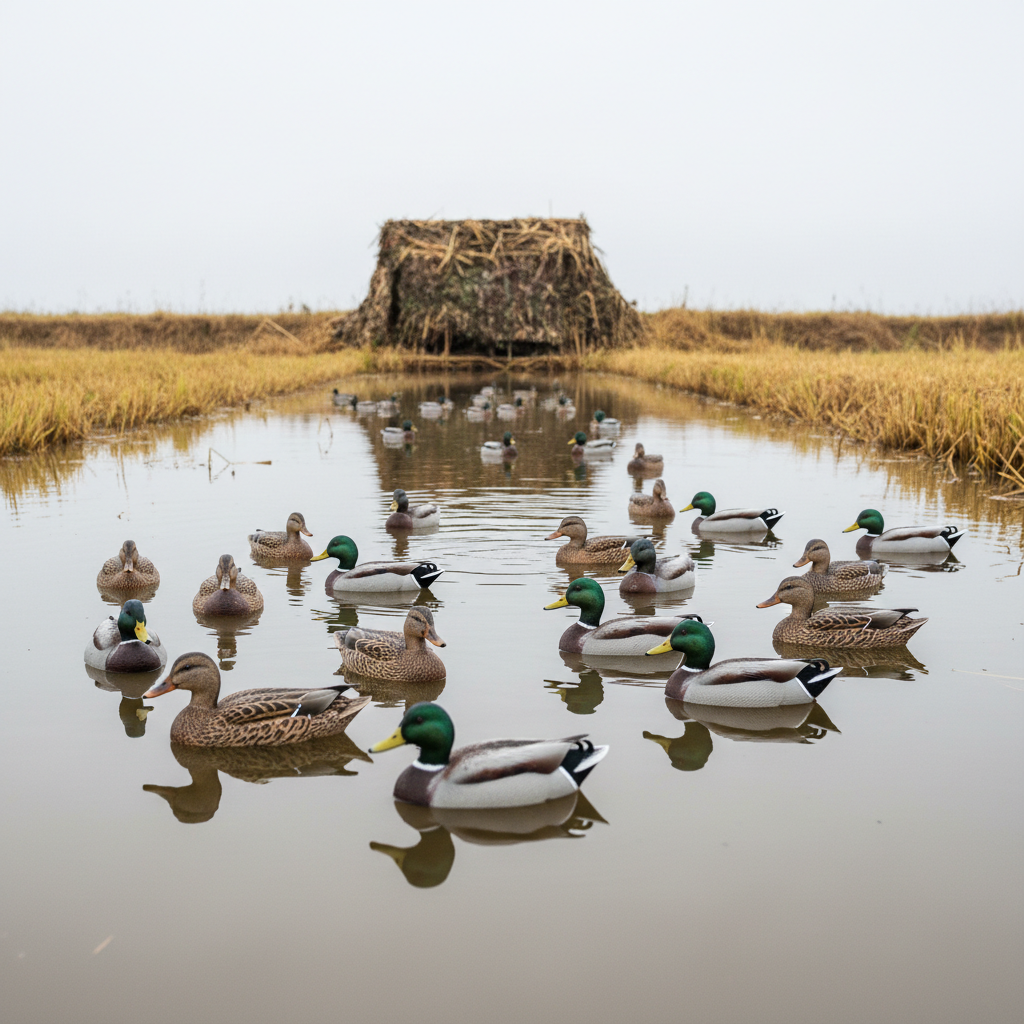 A carefully composed scene of a spread of duck decoys floating on still water in a flooded rice check, each decoy rendered in photographic realism with detailed feather patterns and muted, natural colors. The decoys form an intentional pattern that leads the eye toward a distant, expertly concealed blind built into the rice stubble along the far levee. Soft, overcast morning light creates a calm, low-contrast atmosphere, with gentle ripples around the decoys and subtle reflections on the water’s surface. Shot from a low angle just above water level with moderate depth of field, the foreground decoys are sharp while the background softly fades, emphasizing strategy, preparation, and the premium quality of the hunting setup, with no people visible anywhere.