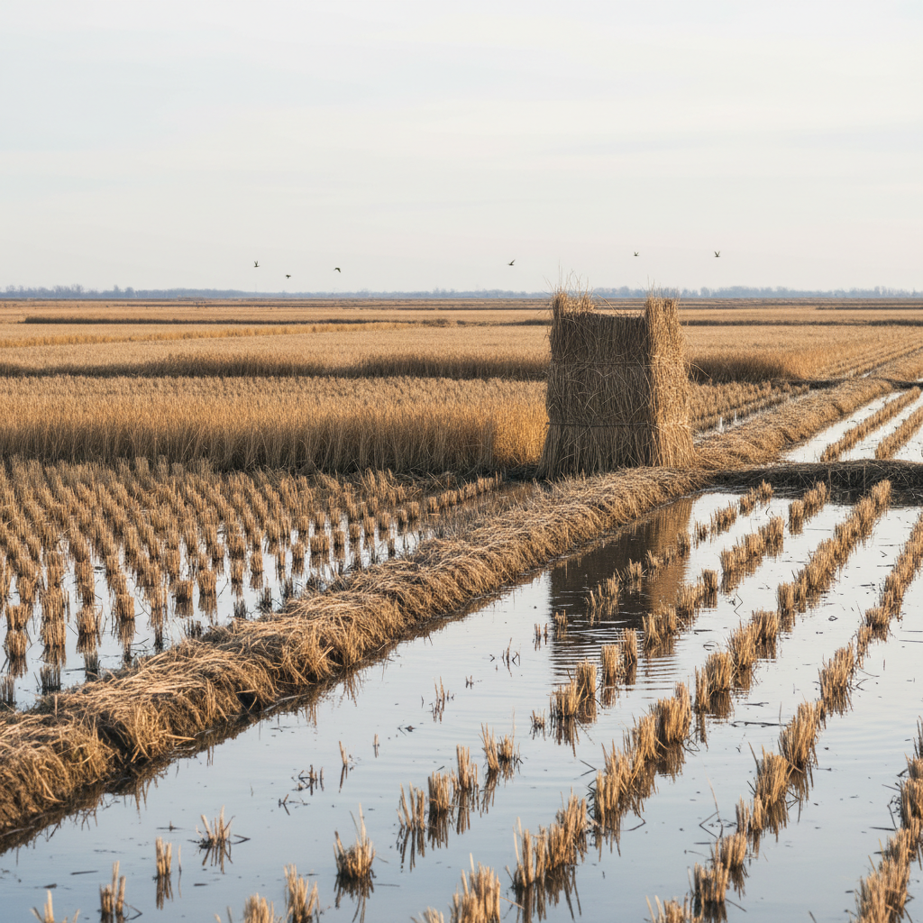 A late-season rice field in photographic realism, showing tall, golden-brown rice stubble emerging from shallow, glassy water, with a concealed blind almost disappearing into the stubble on a low levee. Sparse flocks of ducks are visible only as distant silhouettes against a pale winter sky, keeping the focus on the habitat. The low, cool light of an overcast afternoon creates a subdued, professional atmosphere, with subtle textures in the stubble and faint reflections on the water. Captured from a mid-level angle along the levee, the composition uses leading lines of the levee and checks to draw the eye to the hidden blind, emphasizing the well-managed, seasonal nature of the hunting grounds without showing any humans.
