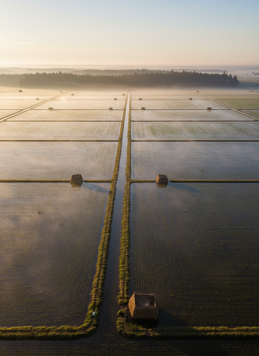 An expansive aerial view of a premium California rice farm transformed into a duck hunting habitat, with perfectly straight levees, evenly flooded rice checks, and strategically placed blinds that blend into the landscape. Early morning mist hangs low over the water, softening the distant tree line of the Sacramento Valley. The first light of sunrise casts a gentle golden sheen across the flooded fields, creating delicate reflections and subtle contrasts between water and stubble. Photographic realism with a high, bird’s-eye perspective captures the geometric patterns of the farm and the organized layout of blinds, conveying a professional, managed environment. The atmosphere feels serene, ordered, and full of potential for the hunting season, with no human presence visible.