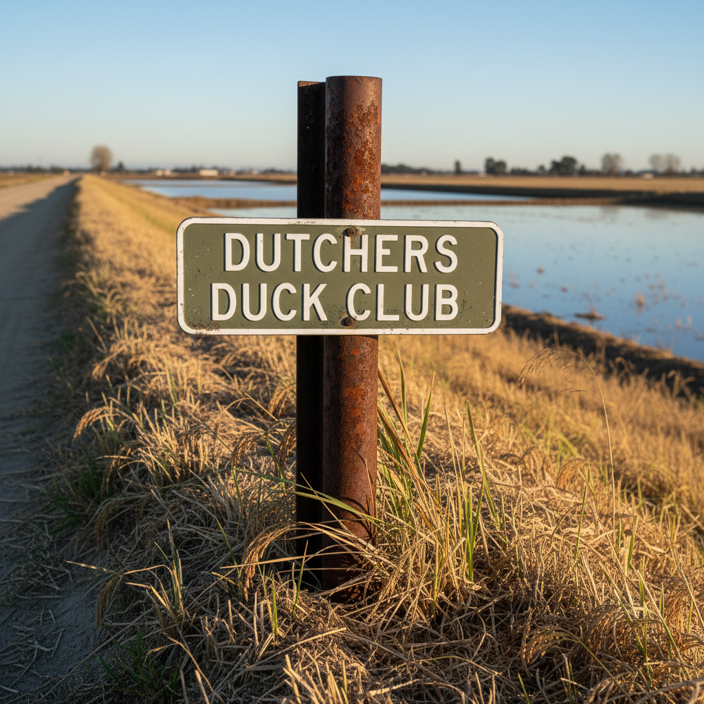 A close-up, photographic realistic scene of a rugged, well-used duck blind gate sign reading “Dutchers Duck Club,” mounted on a sturdy, slightly rusted metal post along a compacted dirt levee road. The sign’s lettering is clean and professional against a matte, weather-resistant surface, with rice stubble and wild grasses growing around the base. Late afternoon sun casts warm, directional light, creating soft shadows and a subtle glow on the sign’s edges. In the softly blurred background, flooded rice fields and distant levees stretch out under a clear blue California sky. Shot at eye level with shallow depth of field, the composition feels polished yet rustic, emphasizing the club’s identity and sense of place without any people.